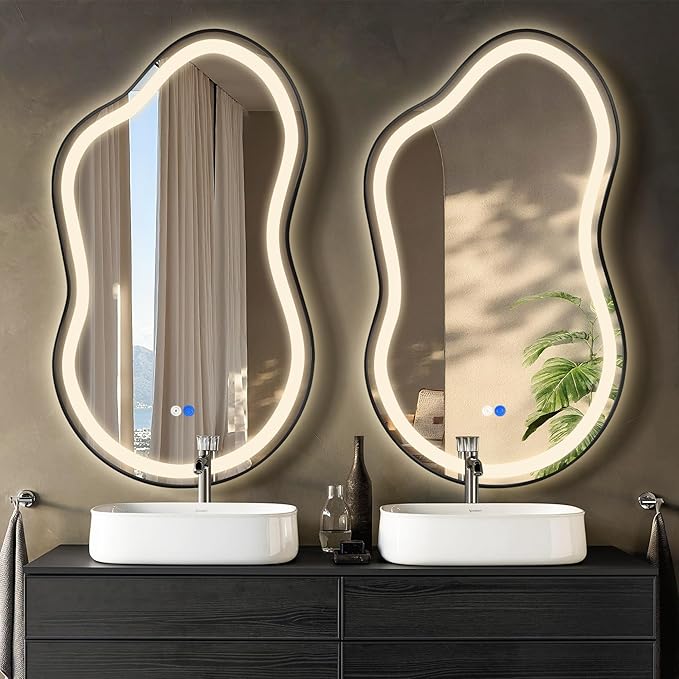 Dorlicecass Irregular Led Bathroom Mirror- Black 20"x36" Single Piece Vanity Mirror with Lights IP54 Enhanced Anti-Fog, 3 Colors Dimmable, Memory,Tempered Glass,UL Listed