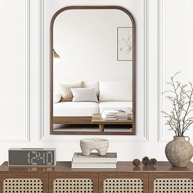 24"x36" Arch Wall Mirror Bathroom Mirror for Wall Mounted, Tempered Glass, Wood Grain Finish Frame Wall Mirror Decorative for Bedroom Living Room Entryway, Rustic Brown