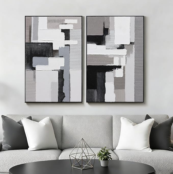 Textured Abstract Wall Art 3D Hand-painted Plaster Neutral Taupe Black White Tones Painting - Distressed Dimensional Minimalist Modern Living Room Bedroom Decor Framed Set of 2-24"x36" Each