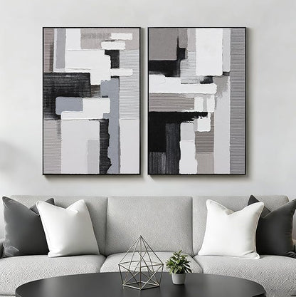 Textured Abstract Wall Art 3D Hand-painted Plaster Neutral Taupe Black White Tones Painting - Distressed Dimensional Minimalist Modern Living Room Bedroom Decor Framed Set of 2-24"x36" Each