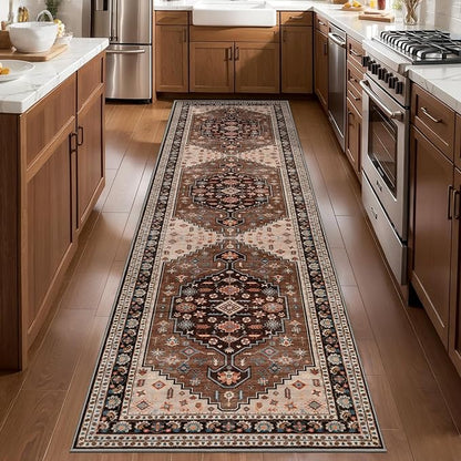 Tangsoo 2.6x10 Runner Rug for Hallways,Washable Non Slip Vintage Kitchen Runner Rug,Boho Red Blue Soft Print Distressed Low Pile Long Floor Carpet for Bedroom Bathroom Laundry Room