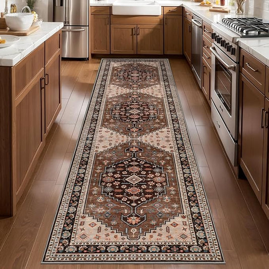 Tangsoo 2.6x10 Runner Rug for Hallways,Washable Non Slip Vintage Kitchen Runner Rug,Boho Red Blue Soft Print Distressed Low Pile Long Floor Carpet for Bedroom Bathroom Laundry Room