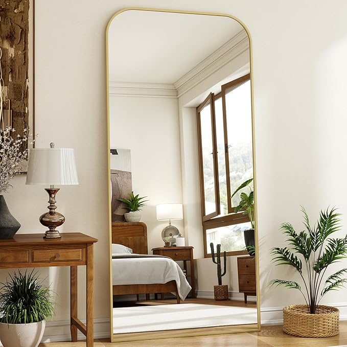 XRAMFY 77x38 Inch Floor Length Mirror with Stand, Full Length Standing Mirror for Bedroom, Full Body Tall Mirrors with Modern Aluminum Alloy Frame in Gold, Home Decor