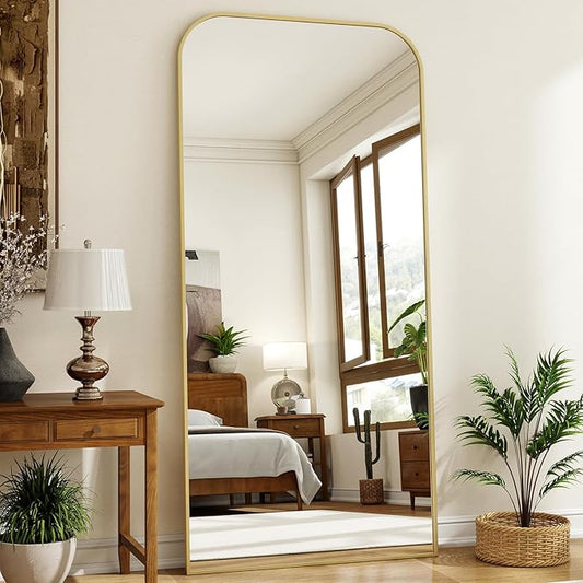 XRAMFY 77x38 Inch Floor Length Mirror with Stand, Full Length Standing Mirror for Bedroom, Full Body Tall Mirrors with Modern Aluminum Alloy Frame in Gold, Home Decor