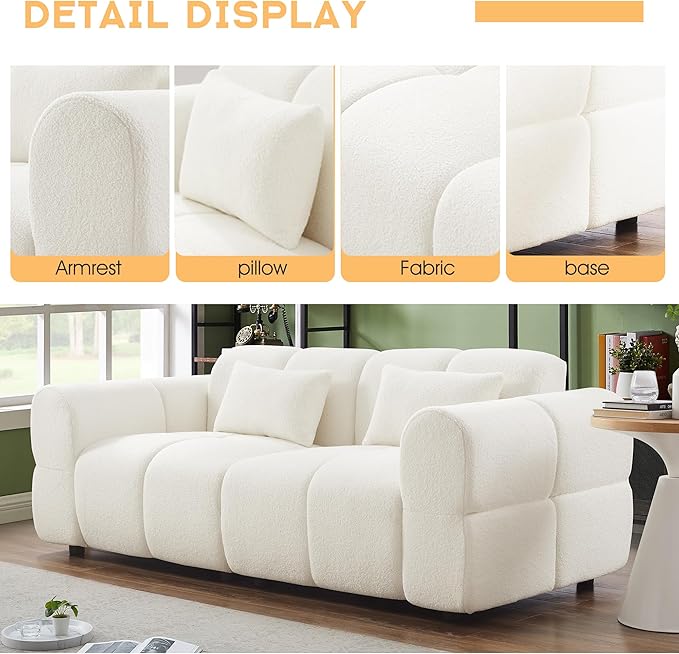 80" Modern Sofa Couch, Comfy Deep Seat Teddy Cloud Sofa, Upholstered 3-Seater Boucle Couch, Oversized Loveseat for Living Room, Bedroom, Office, Apartment(White)