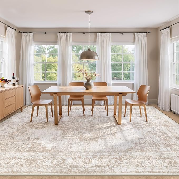 Area Rug 9x12 Vintage Rug: Large Washable Indoor Medallion Rugs Low Pile Distressed Floor Carpet Retro Accent Rug for Living Room Bedroom Kitchen Dining Table Home Office(Beige, 9'x12')