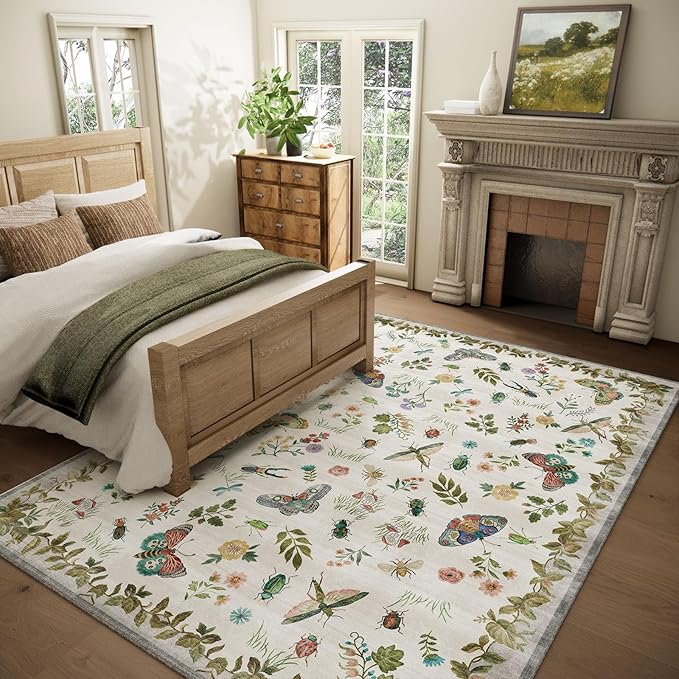 Washable Area Rugs for Living Room: 9x12 Bedroom Rug Vintage Large Rugs Stain Resistant Non Slip Low Pile Soft Carpet for Kitchen Dining Room Farmhouse Nursery Kids Room