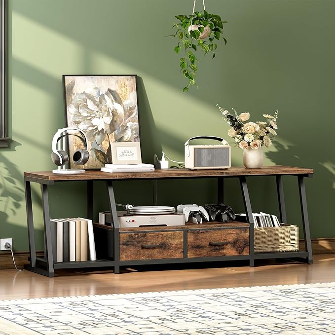 RALGEND LED TV Stand for 55 65 Inch TV, Entertainment Center with Open Shelves and Power Outlets, TV Console Table with Fabric Drawers, Media Console for Living Room, Bedroom, Rustic Brown and Black