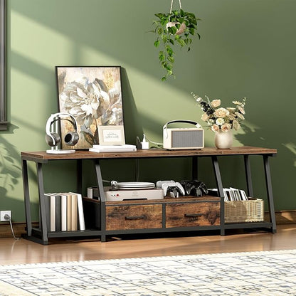RALGEND LED TV Stand for 55 65 Inch TV, Entertainment Center with Open Shelves and Power Outlets, TV Console Table with Fabric Drawers, Media Console for Living Room, Bedroom, Rustic Brown and Black