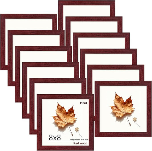 Picrit 8x8 Picture Frame Set of 12, Display 5x5 with Mat or 8 x 8 Without Mat, Photo Frames for Wall Mounting or Table Top Display, Dark Red Wood