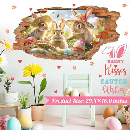 Easter Wall Decals Easter Decoration Stickers Bunny Wall Decals Peel and Stick Broken Wall Spring Landscape Wall Sticker Rabbits Vinyl Decal Art Murals for Home Living Room Kitchen Holiday Supplies
