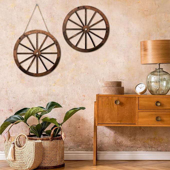Qunclay 2 Pcs Wagon Wheel Decor Wooden Western Cowboy Party Decorations Vintage Rustic Wagon Wheel Wood Cartwheel Decor for Bar Garage Indoor Outdoor (Brown,18 Inch)