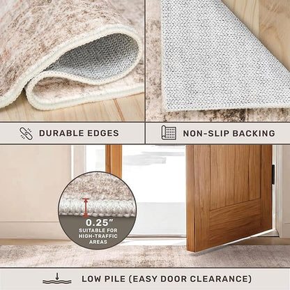 Hazo Haus Neutral Farmhouse Area Rug for Bedroom - 6x9 Washable Rug for Dining Room Table, Ultra-Thin Soft Textured Boho Indoor Decor, Fade & Stain Resistant