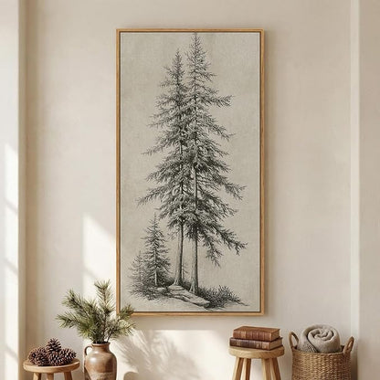 Large Framed Vertical Vintage Pine Tree Wall Art for Living Room, Neutral Sketch Rustic Classic Beige Canvas Artwork for Walls, Nordic Forest Farmhouse Wall Decor for Bedroom Hallway Office, 30x60 In
