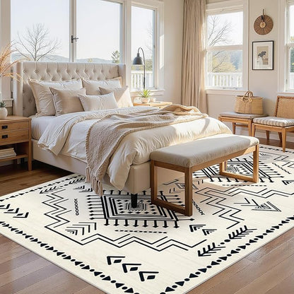 Joydeco Moroccan Rug 8x10 for Living Room, Modern Washable Area Rugs for Bedroom, Low Pile Western Carpet for Dining Room Table, Distressed Aztec Soft Carpet for Office Home Decor, Ivory