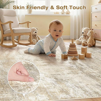 cotiled 8x10 Area Rugs for Living Room - Washable Neutral Abstract Carpet Non Slip Soft Rug for Bedroom & Dining Table, Robot Vacuum & Pet Friendly Floor Decor Beige