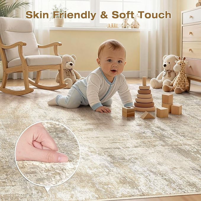 cotiled 10x14 Area Rugs for Living Room - Washable Neutral Abstract Carpet Non Slip Soft Rug for Bedroom & Dining Table, Robot Vacuum & Pet Friendly Floor Decor Beige