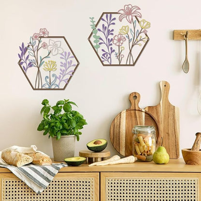 ESTART 3 Pcs Metal Flower Wall Decor, Minimalist Floral Wall Hanging Art, Abstract Line Floral Wall Art Sculpture for Bedroom Bathroom Living Room Kitchen Dining Room (Colorful)