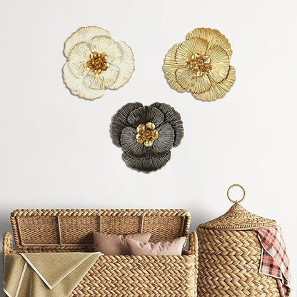 DILATATA 3 Pcs Metal Flower Wall Art Set 10 Inch Rustic Modern Floral Sculpture 3D Metal Flower Wall Hanging Accent for Indoor Living Room Bedroom Kitchen Bathroom Garden Patio Decor - Mixcolor