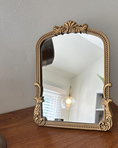 Vintage Vanity Small Mirror with Stand,Gold Decorative Mirrors for Wall,Antique Desk Eclectic Home Dresser Decor Small Mirror,Bathroom, Bedroom, Makeup Desk, Wall Entry,11.6" L x 9.0" W Gold