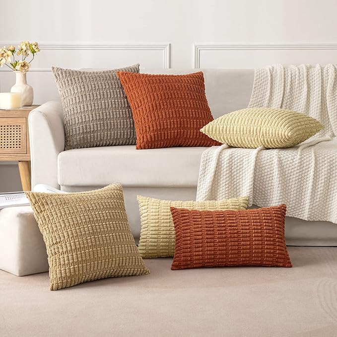 MIULEE Pack of 2 Rust Corduroy Decorative Lumbar Pillow Covers 20x12 Inch Soft Boho Striped Throw Pillow Covers Modern Farmhouse Home Decor for Summer Sofa Living Room Couch Bed