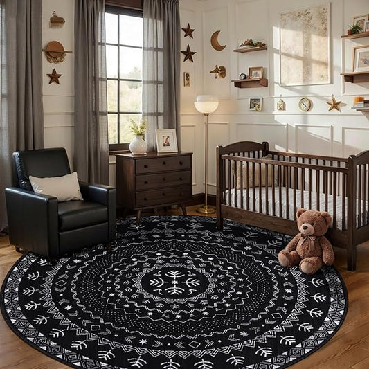 SERISSA Round Area Rug, 5ft Washable Non-Slip Black and White Boho Circle Rug, Soft Low-Pile Geometric Indoor Circular Carpet for Bedroom Entryway Living Room Dining Room