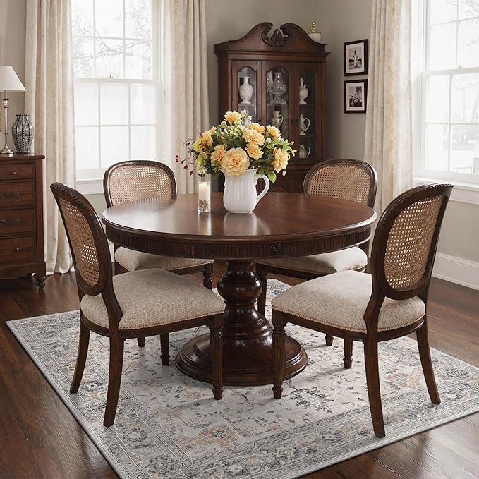 GENIMO 8x8 Area Rugs for Living Room, Machine Washable Rug, Non Slip Indoor Vintage Rug, Low Pile Lightweight Chenille Print Carpet for Bedroom Dining Room Home Office, Light Taupe Brown