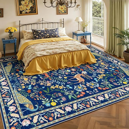 8x10 Blue Farmhouse Rugs for Living Room - Large Unique Washable Area Rug for Bedroom, Dining Room Under Table, Floral & Animal Design, Low Pile Soft Carpet
