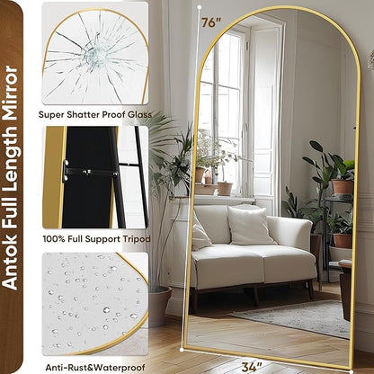 Antok Arched Full Length Mirror, 76"x34" Gold Metal Frame Floor Mirror for Bedroom Living Room, Freestanding/Wall Mount/Leaning