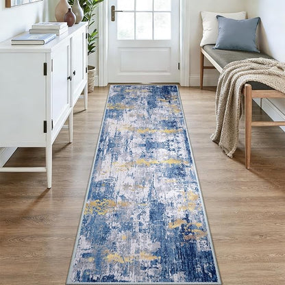 RELEANY Washable Area Rugs 3x9 Non-Slip Modern Abstract Soft for Living Room Entryway Bedroom Nursery, Print Pattern, Grey Blue Gold/Golden