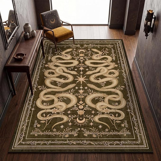 Garvee Snake Gothic 6x9 Area Rug Dark Whimsical Moody Witchy Unique Soft Thin Large Carpet for Living Room Bedroom Dining Room Playroom Indoor Decor Low Pile TPE Backing Brown