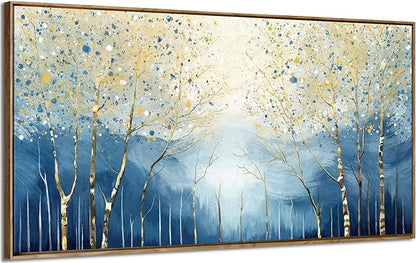 Large Framed Modern Living Room Canvas Wall Art, Abstract Plant Landscape Print Picture, Blue And Yellow Birch Forest Art Decor For Bedrooms, Dining Rooms, Balconies, Entryways, And Offices. 48X24 Inches.