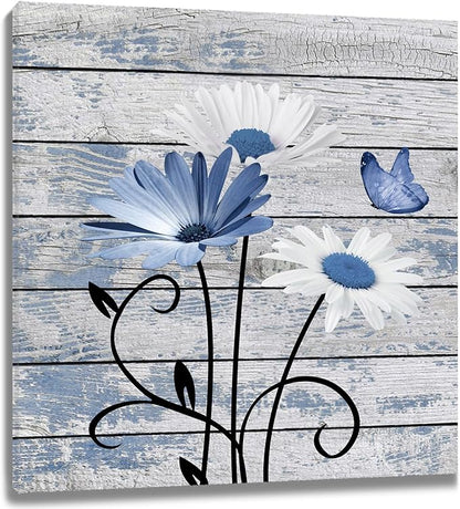 HVEST Farmhouse Blue Floral Wall Art for Living Room, Blue and White Daisy Butterfly on Rustic Wood Canvas Wall Art Nature Flower Pictures for Bathroom Bedroom Apartment Wall Decor,12L X 12W inches