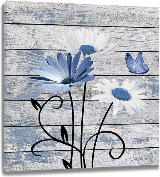 HVEST Farmhouse Blue Floral Wall Art for Living Room, Blue and White Daisy Butterfly on Rustic Wood Canvas Wall Art Nature Flower Pictures for Bathroom Bedroom Apartment Wall Decor,12L X 12W inches