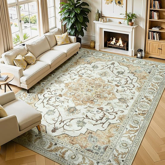 Lessymo Washable Area Rug for Living Room,9x12 Large Rugs with Non-Slip Backing,Soft Boho Carpets for Bedroom Dining Room Nursery Home Office,Light Beige