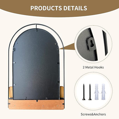 BAODANFU Wall Mirror with Foldable Wood Shelf, Black Bathroom Mirror with 4 Metal Hooks, 20x30 inches Arch Makeup Vanity Mirrors Decorative for Entryway, Bedroom, Dressing Room