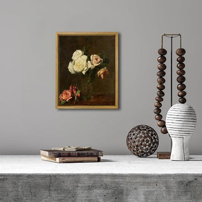 Pyradecor Vintage Retro Framed Wall Art Bathroom Decor Wall Art Roses Paintings Pictures Canvas Prints Mid Century Wall Decor for Living Room Kitchen Decorations