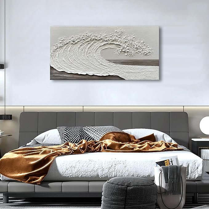 NANKAI Art 24x48 inch Hand-Painted 3D Ocean Waves Oil Painting Natural Scenery White Abstract Canvas Art Mural