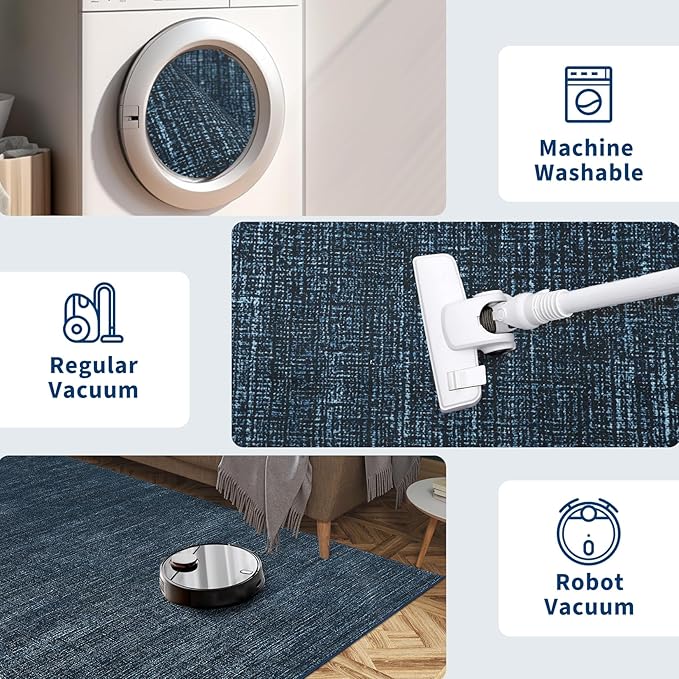 5x7 Washable Rugs Non Slip Minimalist Area Rug for Bedroom Soft Low Pile Solid Color Large Bedroom Throw Carpet Stain Resistant Classic Neutral Area Rug Plain Boho Rugs for Kitchen Nursery, Navy