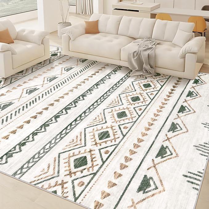 Area Rug for Living Room 10x12: Large Washable Boho Moroccan Rugs Geometric Neutral Rug, Non-Slip Foldable Morden Farmhouse Indoor Floor Carpet for Bedroom Dining Room Home Office（Brown Green,10'x12'）