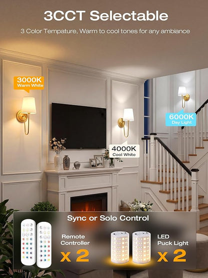 CLOUDY BAY 10000mAh Battery Operated Wall Sconces,Up to 100 Hours with Rechargeable RGB Dimmable Magnetic Bulb,Cordless Wall Lighting Fixtures with Remote for Bedroom,Soft Gold,2 Pack-15.4in