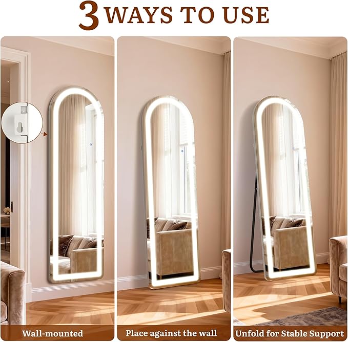 Full Length Mirror with LED Lights, 63"×20" Floor Mirror with Stand, Full Body Mirror with 3 Color Lighting Modes, Wall Mounted Mirror with Brighter Lighting Strip for Bedroom/Dressing Room