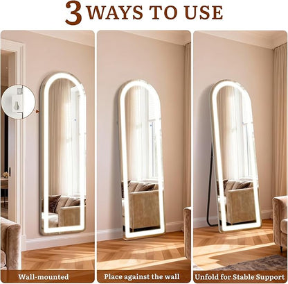 Full Length Mirror with LED Lights, 63"×20" Floor Mirror with Stand, Full Body Mirror with 3 Color Lighting Modes, Wall Mounted Mirror with Brighter Lighting Strip for Bedroom/Dressing Room