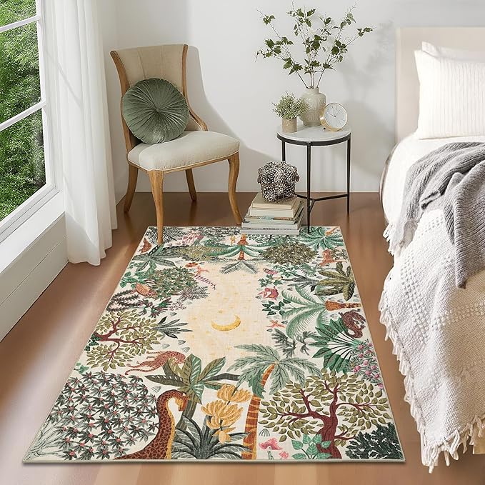 GarveeHome 3x5 Washable Area Rug for Bedroom, Jungle Animal Soft Tiger Rug Non Slip Low Pile Beige Carpet Stain Resistant Throw Rug for Bedside Kids Room Office Dining Room