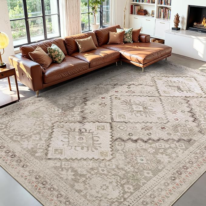 YOH Boho Washable Rug 8x10, Beige Grey Vintage Non Slip Area Rug, Distressed Indoor Carpet for Living Room Bedroom Kitchen Office