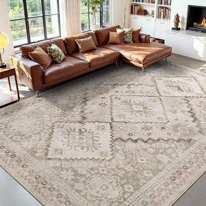 YOH Boho Washable Rug 9x12, Beige Grey Vintage Non Slip Area Rug, Distressed Indoor Carpet for Living Room Bedroom Kitchen Office