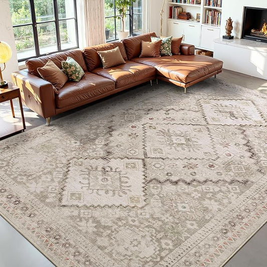 YOH Boho Washable Rug 9x12, Beige Grey Vintage Non Slip Area Rug, Distressed Indoor Carpet for Living Room Bedroom Kitchen Office