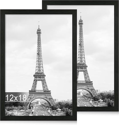 iRahmen 12x18 Picture Frame Set of 2 with Plexiglass, Black Wood Poster Frames for Photo Gallery Wall Mounting Horizontal and Vertical