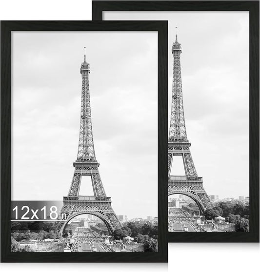 iRahmen 12x18 Picture Frame Set of 2 with Plexiglass, Black Wood Poster Frames for Photo Gallery Wall Mounting Horizontal and Vertical