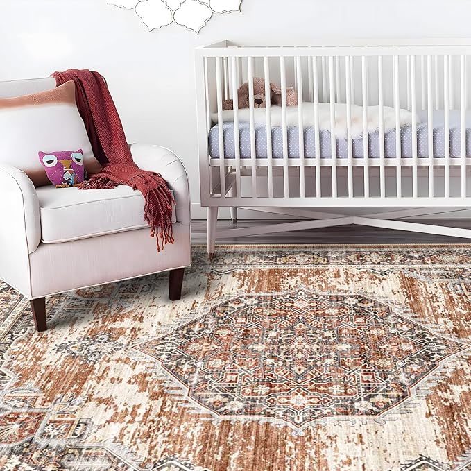 9x12 Area Rugs for Living Room: Washable Ultra Thin Rug - Oriential Stain Resistant Carpets - Large Indoor Non-Slip Rug for Bedroom Dining Room 9'x12' Brick